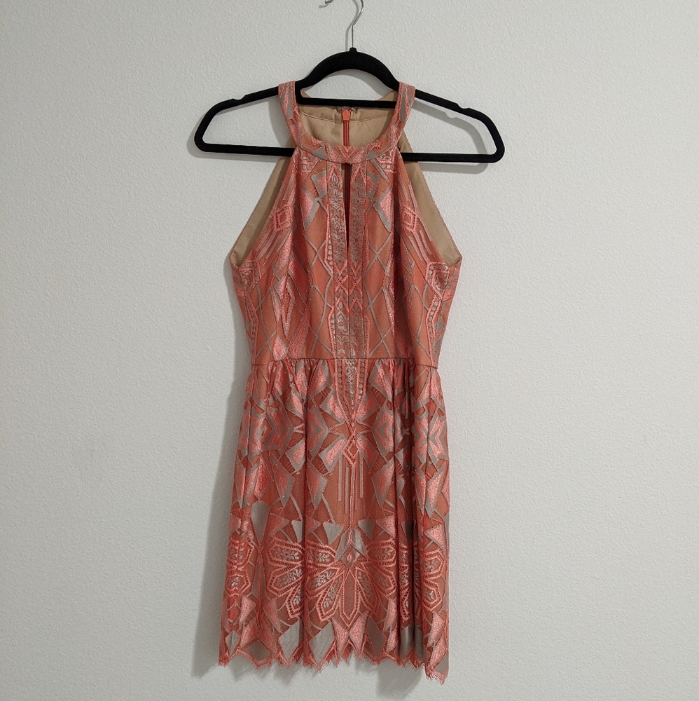 BCBGMaxAzria Megyn Halter-Neck Deco Lace Dress